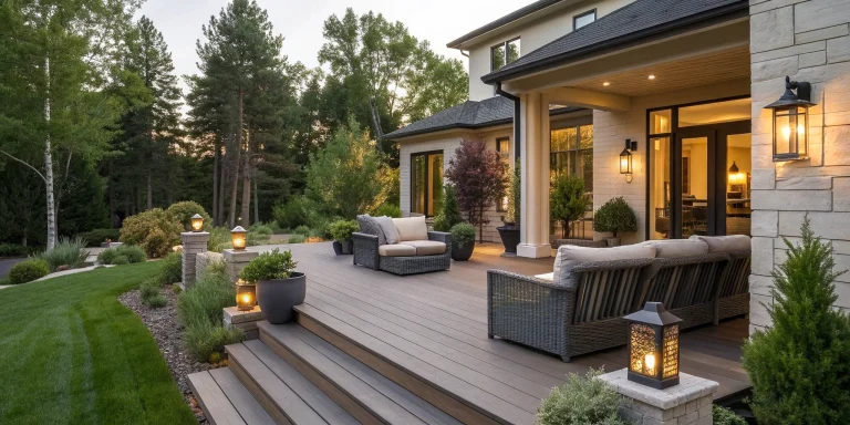 A modern front porch with clean lines, sleek seating, statement lighting, and integrated landscaping.
