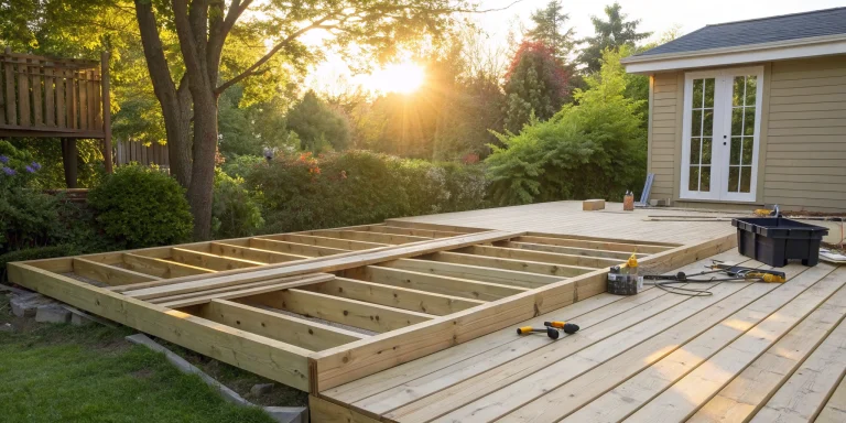 The wood framing and foundation stage of a new deck construction project.