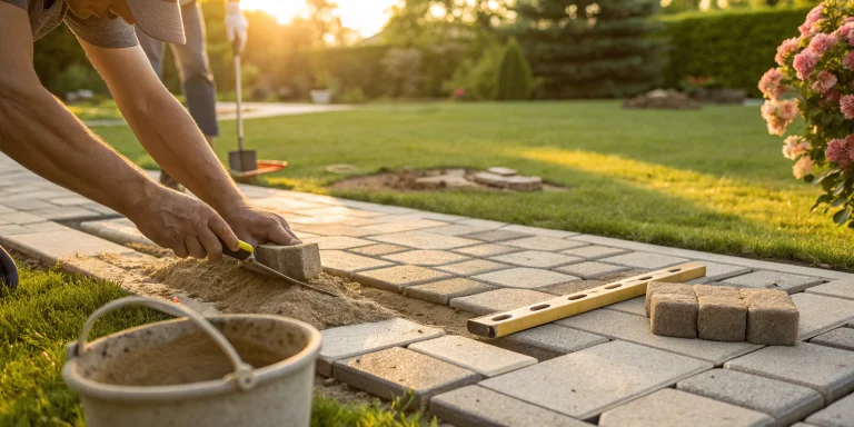 DIY paver installation with tools and sand for beginners in a backyard.