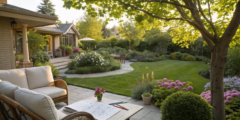 A finished landscape design plan with a backyard patio, lawn, and planned garden pathways.
