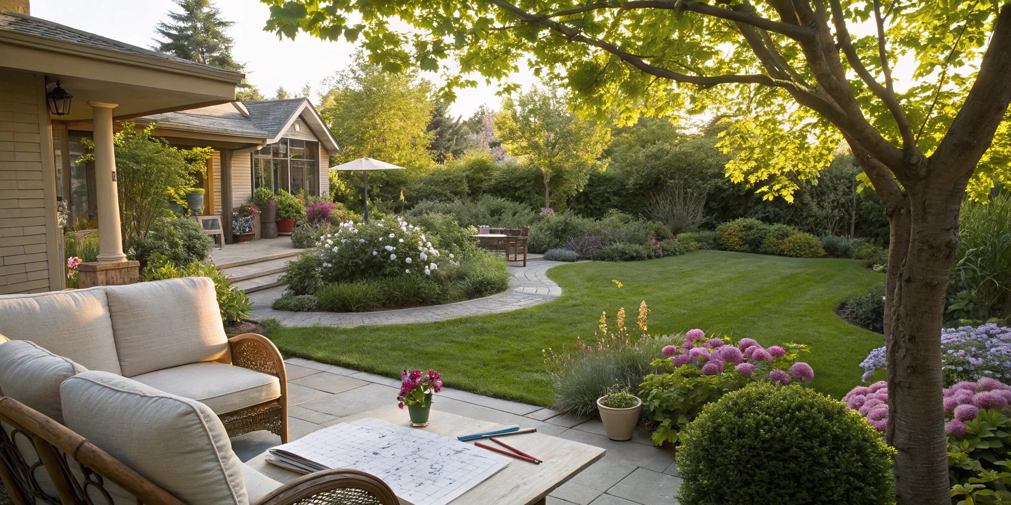 A finished landscape design plan with a backyard patio, lawn, and planned garden pathways.