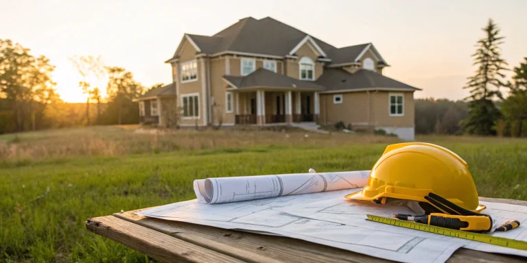 Planning a building addition with blueprints, a hard hat, and a measuring tape.