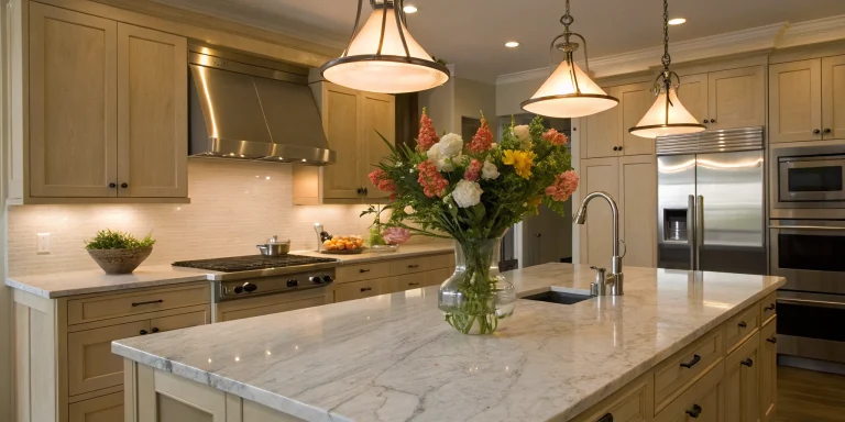 A modern kitchen remodel with a marble island, stainless steel appliances, and pendant lighting.
