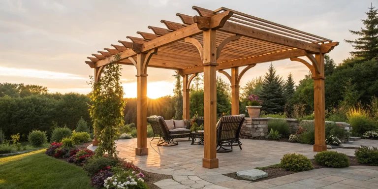 Professional pergola installation service featuring a new wood pergola over a backyard patio.