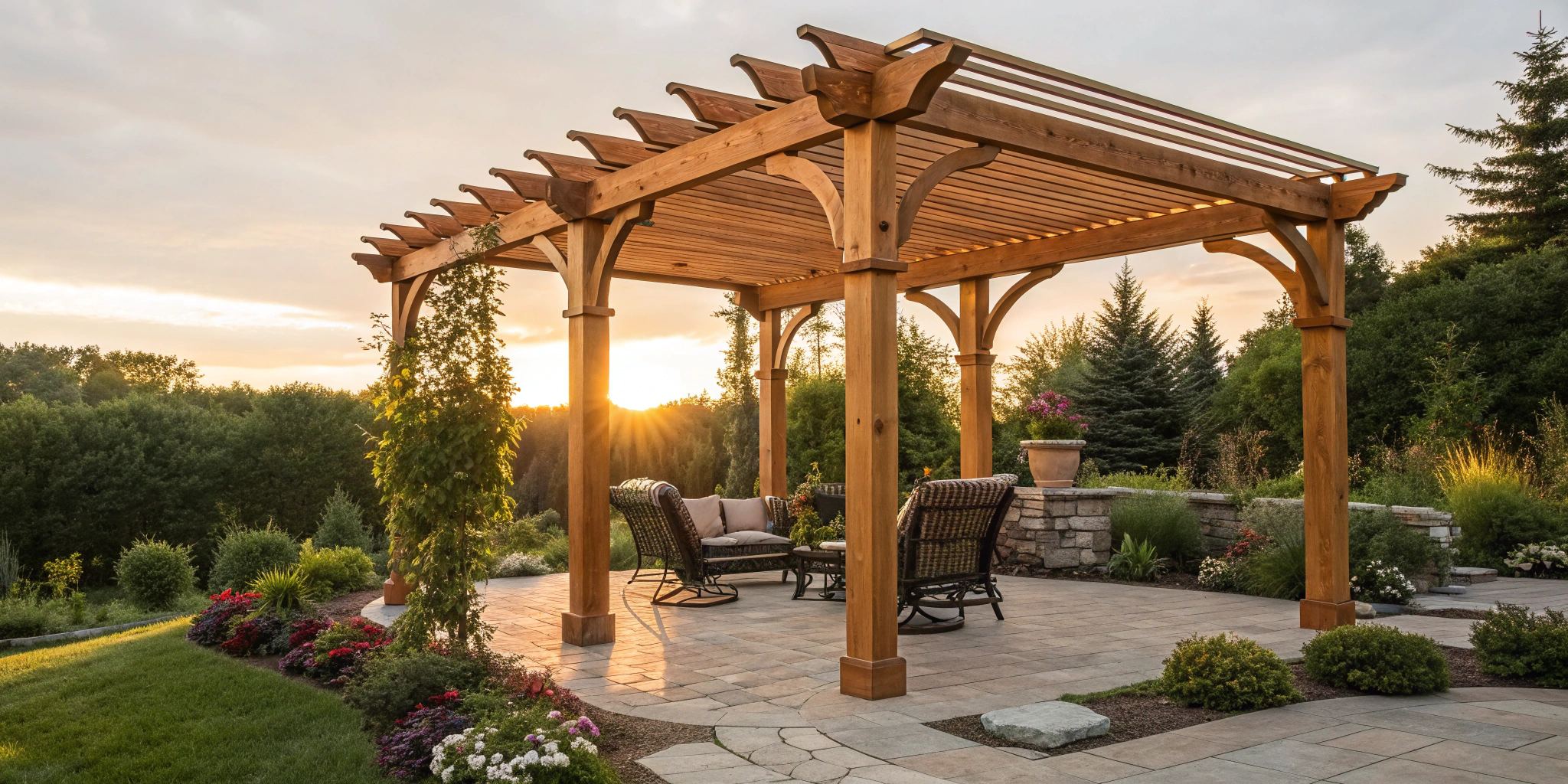 Professional pergola installation service featuring a new wood pergola over a backyard patio.