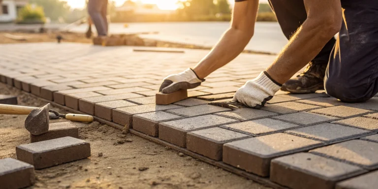 Laying pavers on a properly compacted paver base, the crucial foundation for any patio.