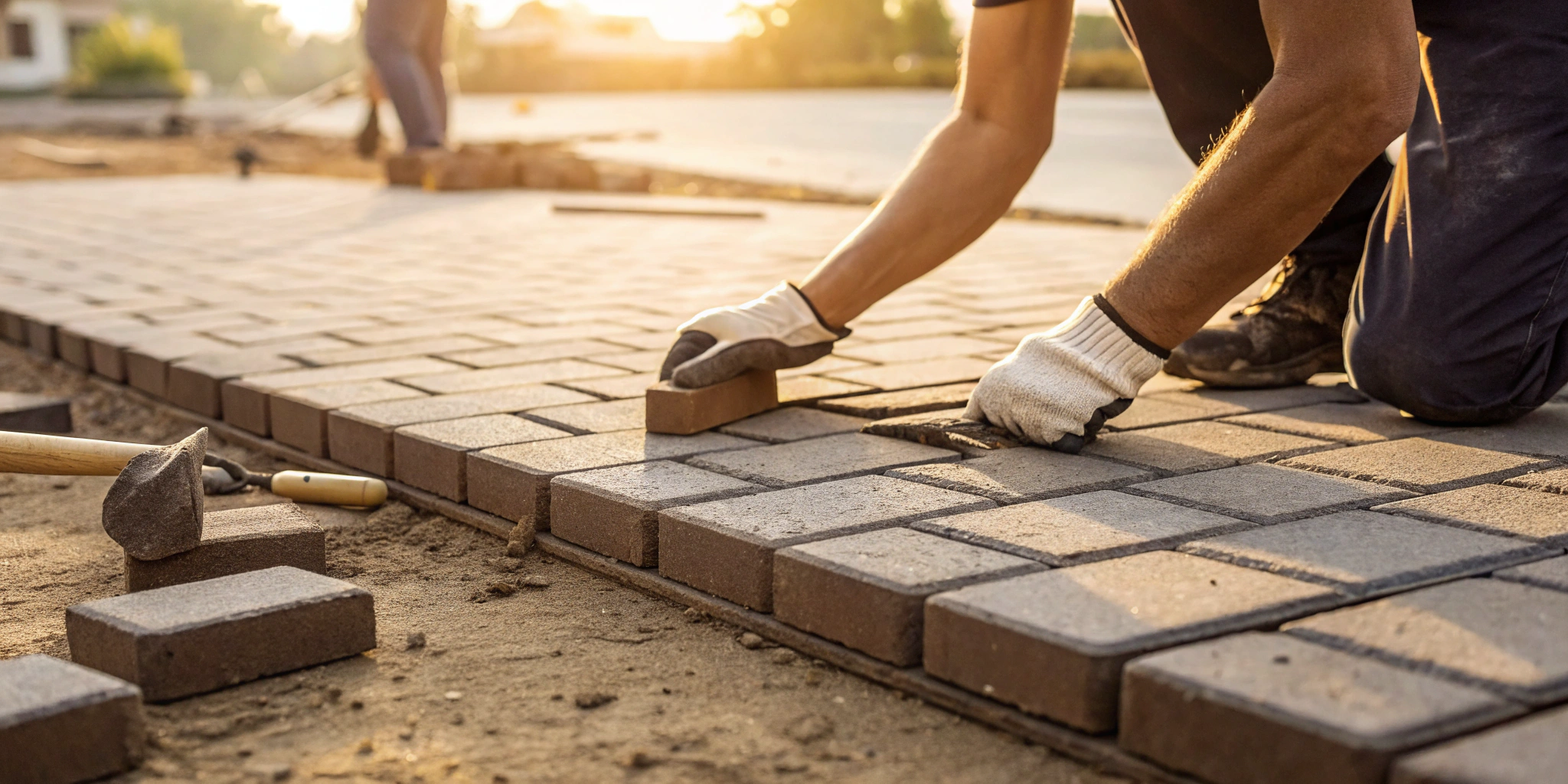 Laying pavers on a properly compacted paver base, the crucial foundation for any patio.