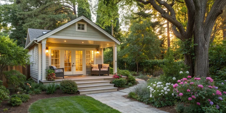A detached accessory dwelling unit (ADU) with a welcoming front porch and landscaped yard.