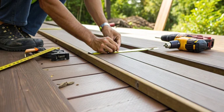 Measuring a Trex deck board with a tape measure for deck installation.