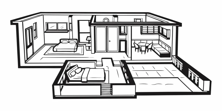 A modern 1000 sq ft house floor plan with two bedrooms and an open living area connecting to a patio.