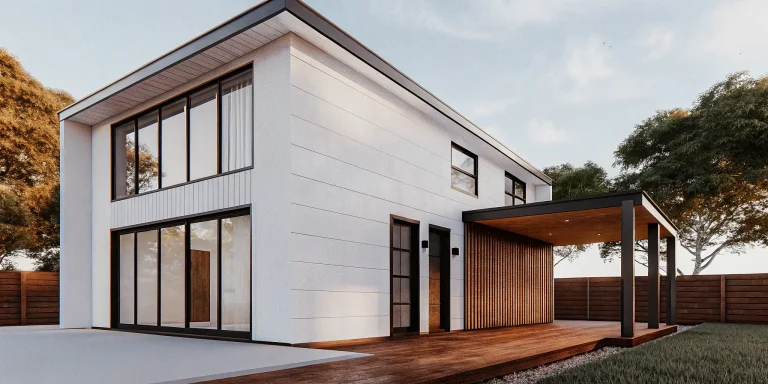 A custom ADU design featuring a modern exterior with wood accents and a spacious deck.