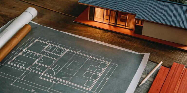 Architectural blueprints and a house model used to plan the essential requirements for a home addition.