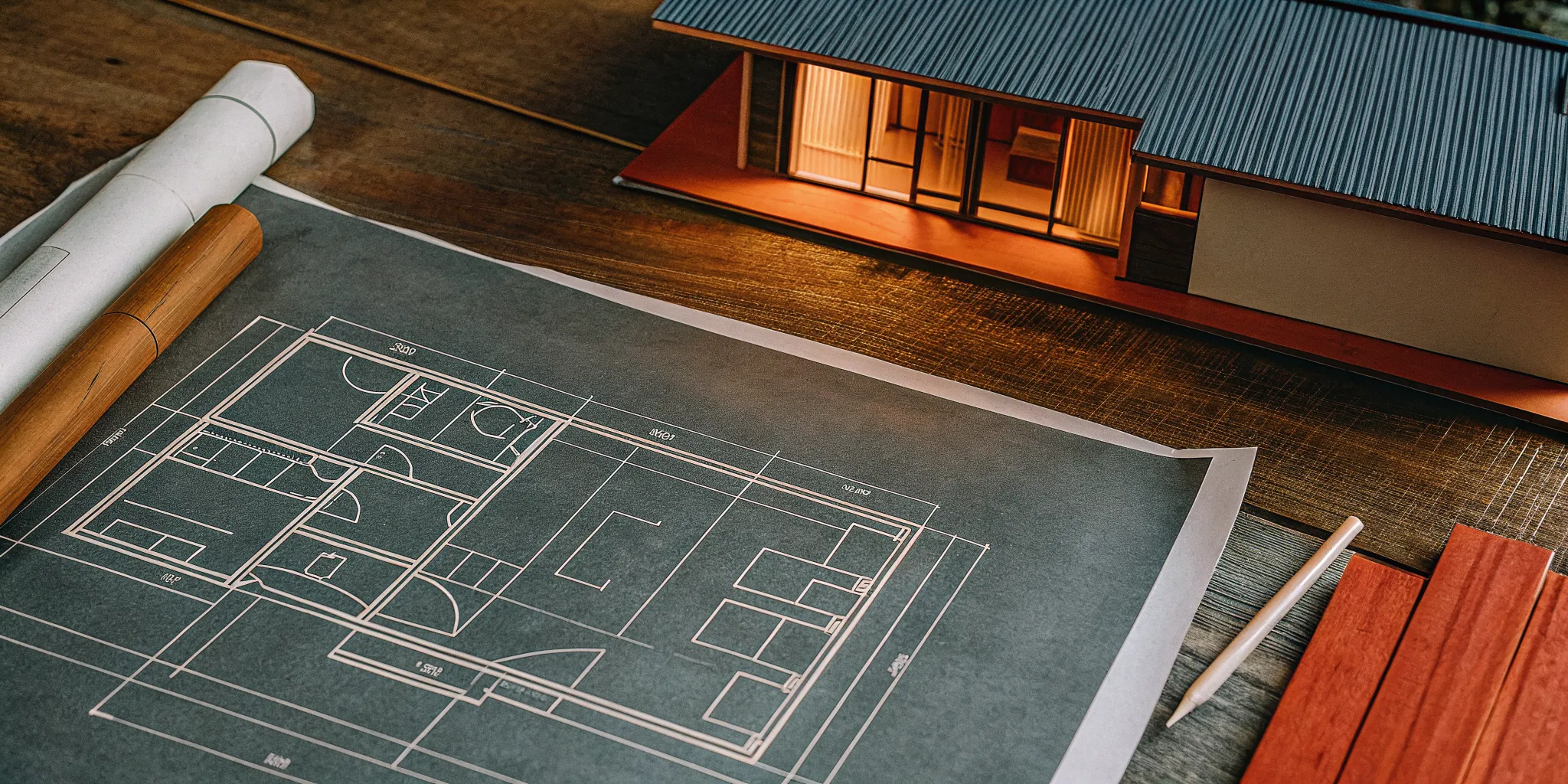 Architectural blueprints and a house model used to plan the essential requirements for a home addition.