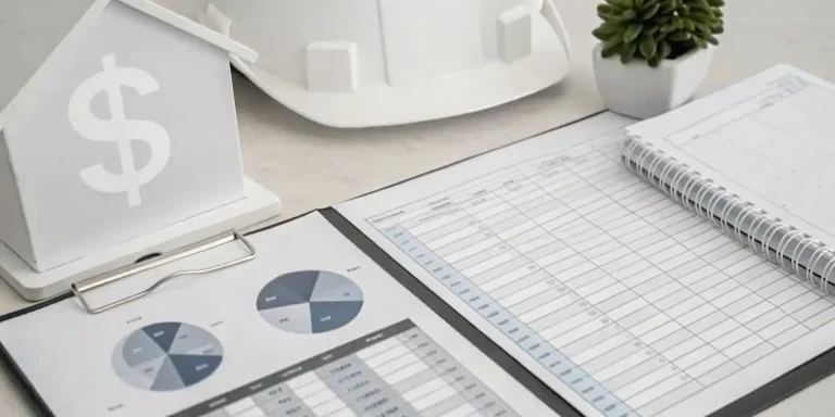 A desk showing a home renovation cost breakdown with a budget planner, charts, and a hard hat.
