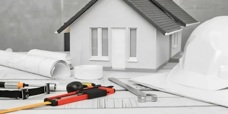 Blueprints, a model house, and tools on a desk for a guide on how to find an honest contractor.