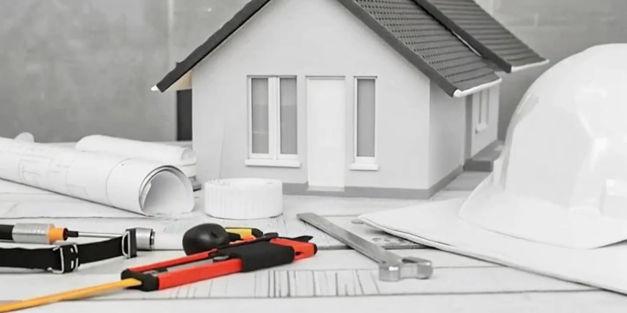 Blueprints, a model house, and tools on a desk for a guide on how to find an honest contractor.