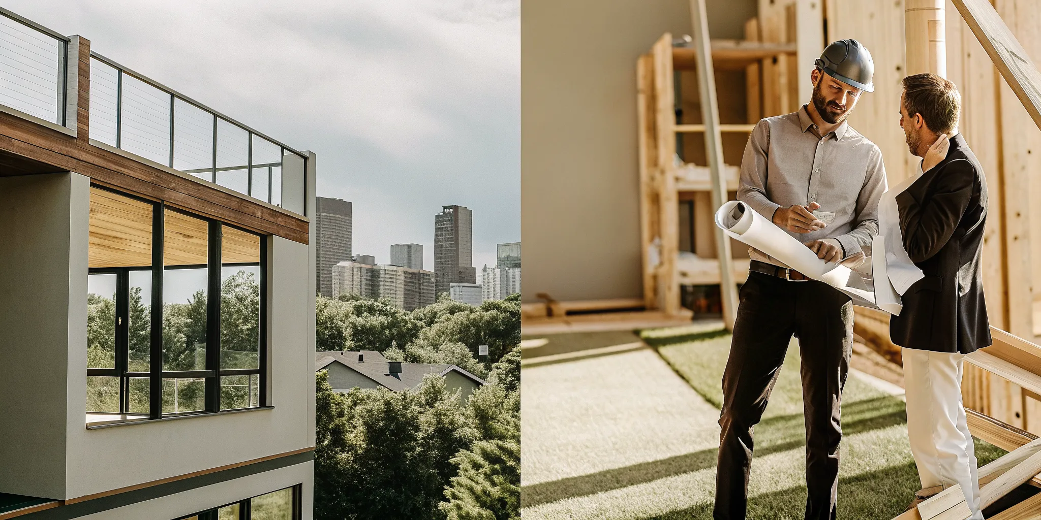Two ADU builders in Denver review plans in front of a modern ADU.