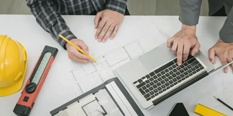 Two people using a concrete patio cost calculator on a laptop with blueprints.