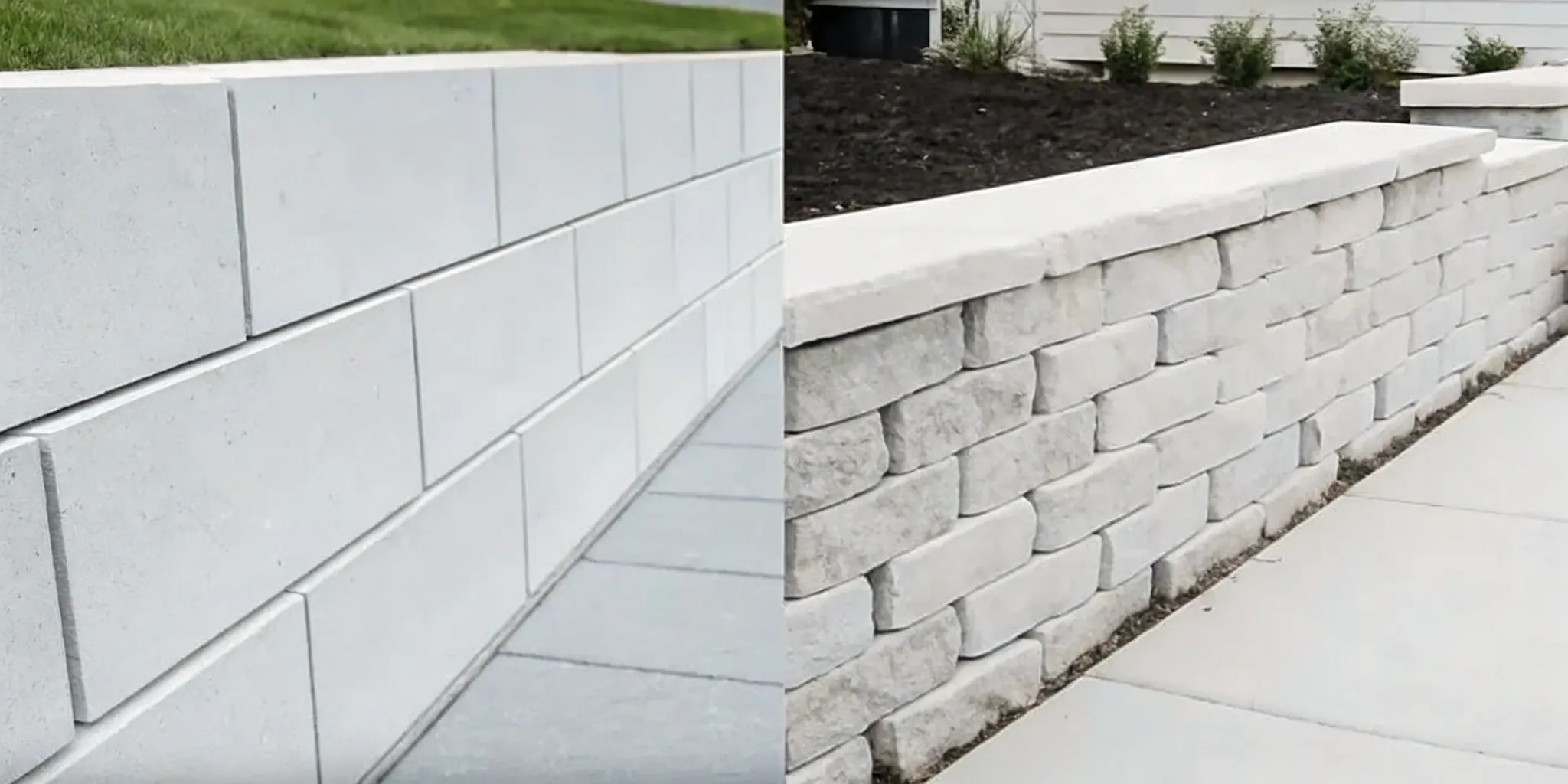 Side-by-side comparison of a poured concrete retaining wall vs. a block retaining wall.