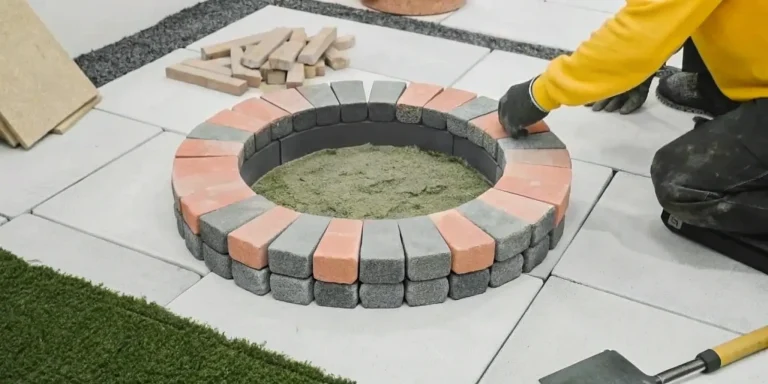 Stone fire pit construction with stacked fire-rated stones on a sand base.