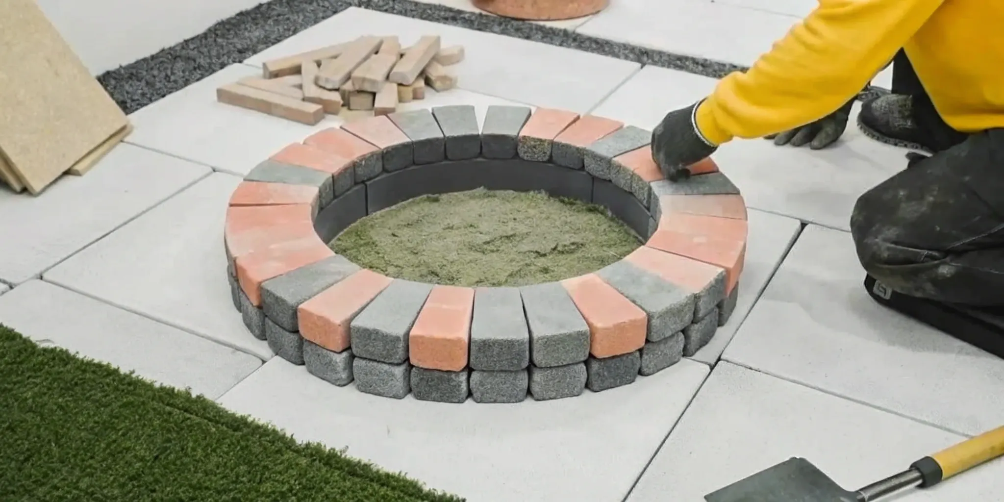 Stone fire pit construction with stacked fire-rated stones on a sand base.