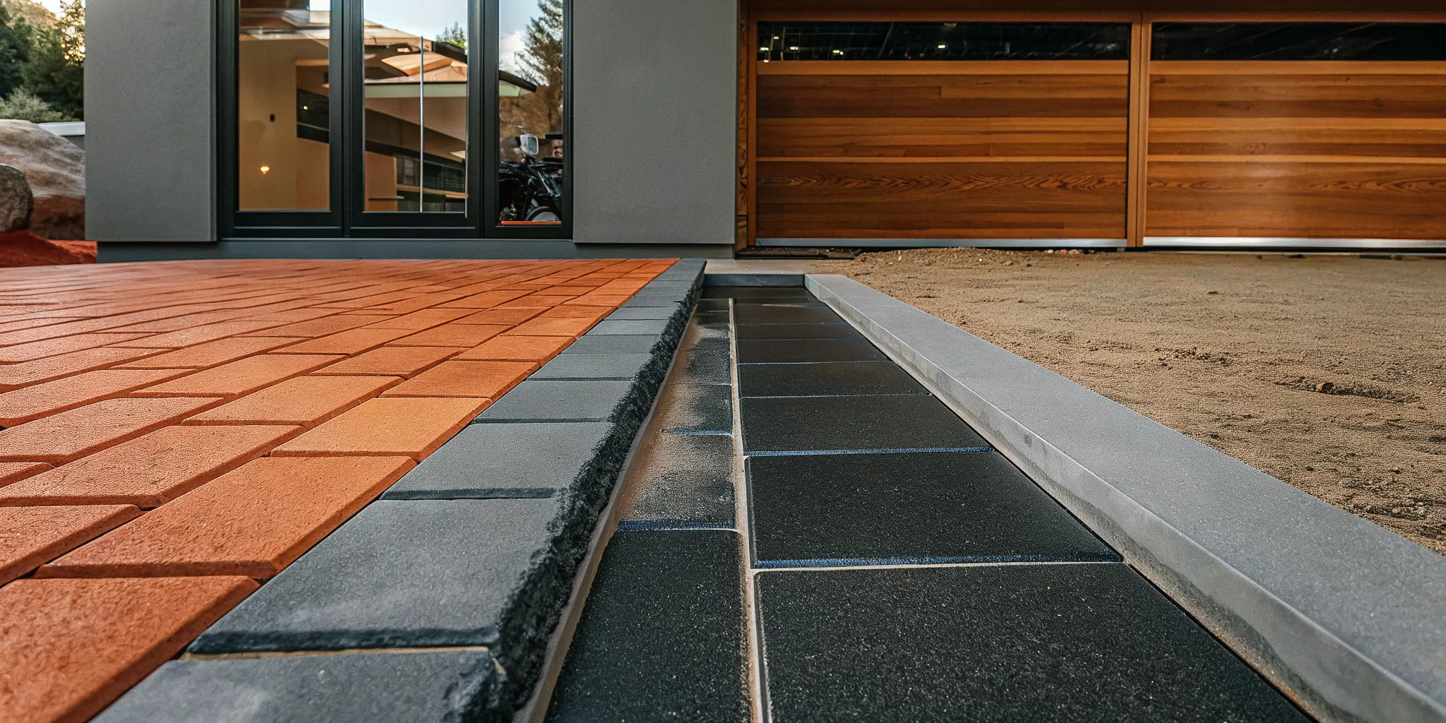 A flawless paver patio and driveway with clean lines, contrasting materials, and proper drainage.