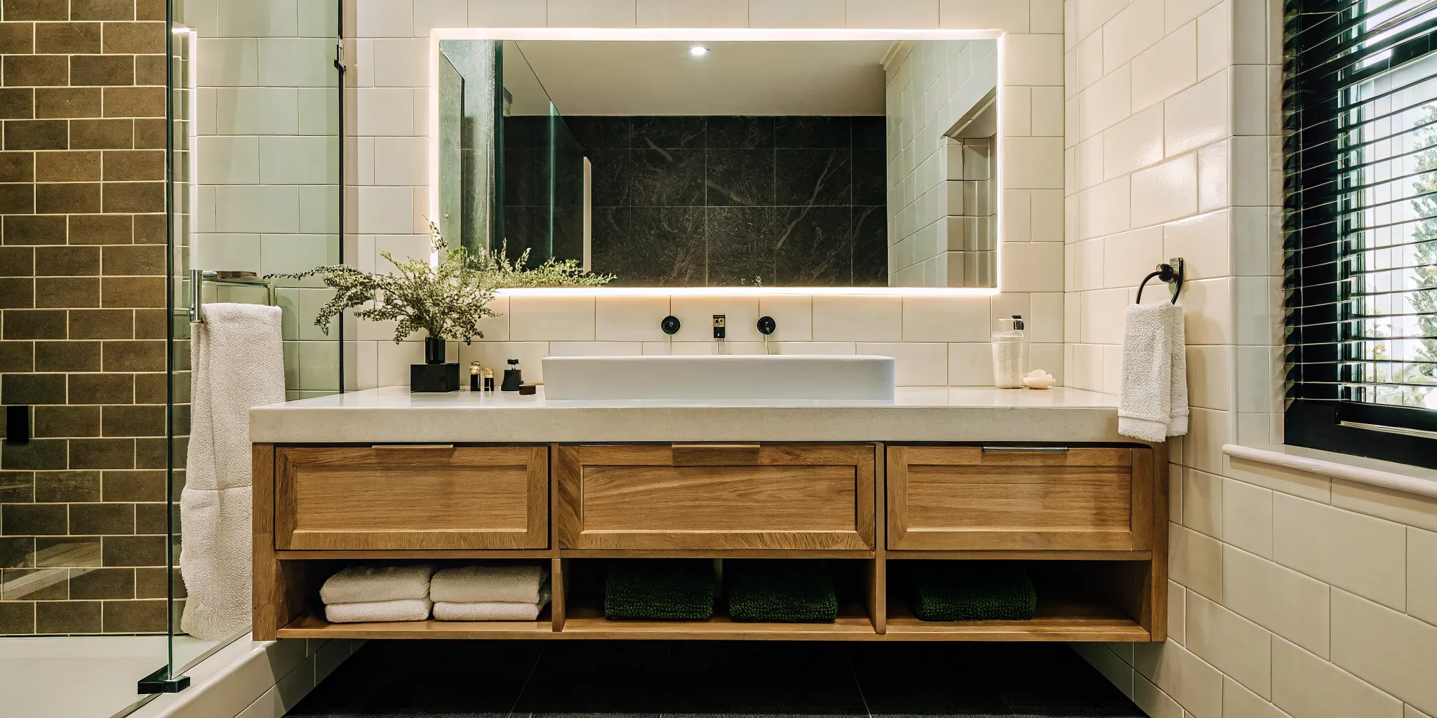 A modern bathroom remodel featuring a wood vanity, large mirror, and built-in storage on a neutral tile wall.