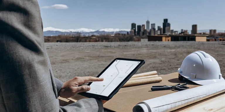 An outdoor construction company in Denver reviewing plans for a new backyard project.