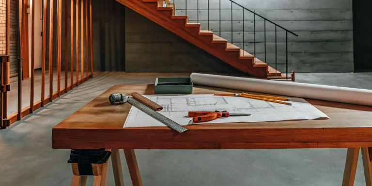 A basement finish in progress with construction plans, tools, and new wall framing.
