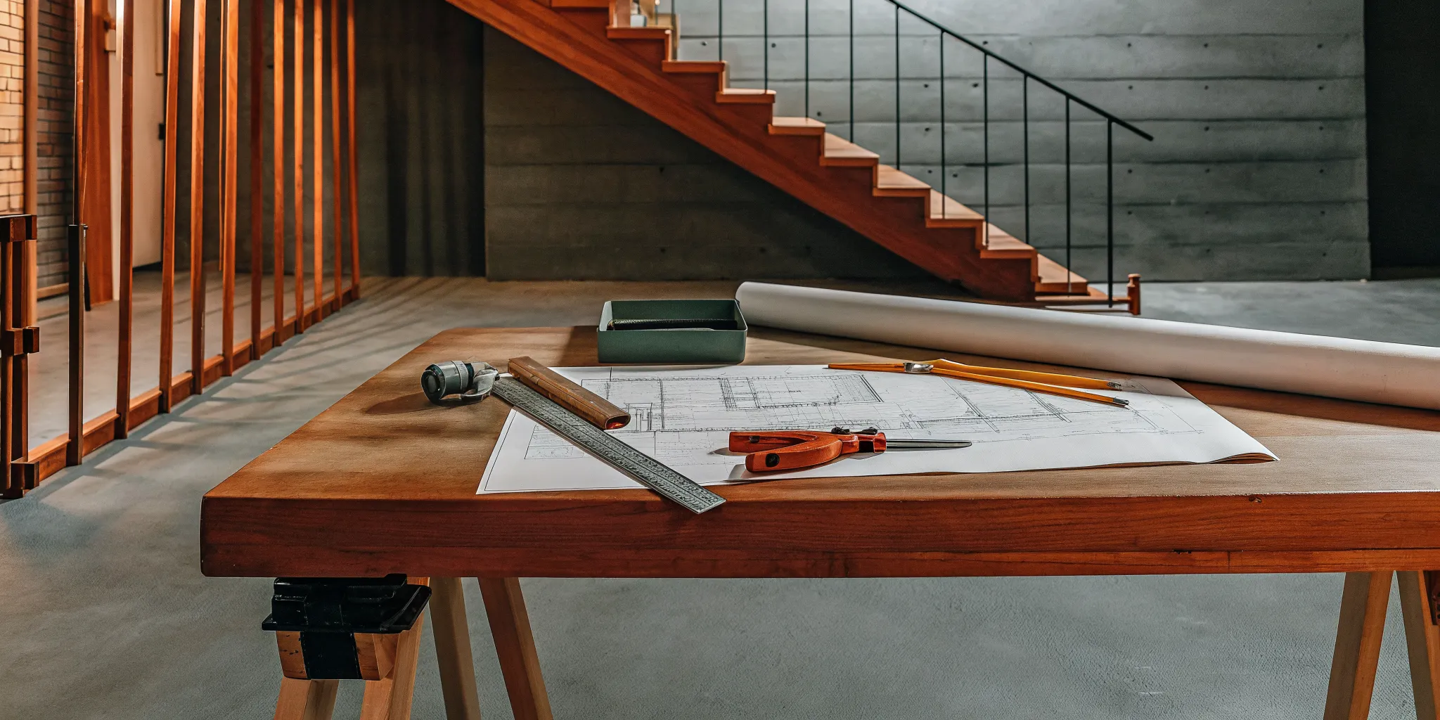 A basement finish in progress with construction plans, tools, and new wall framing.