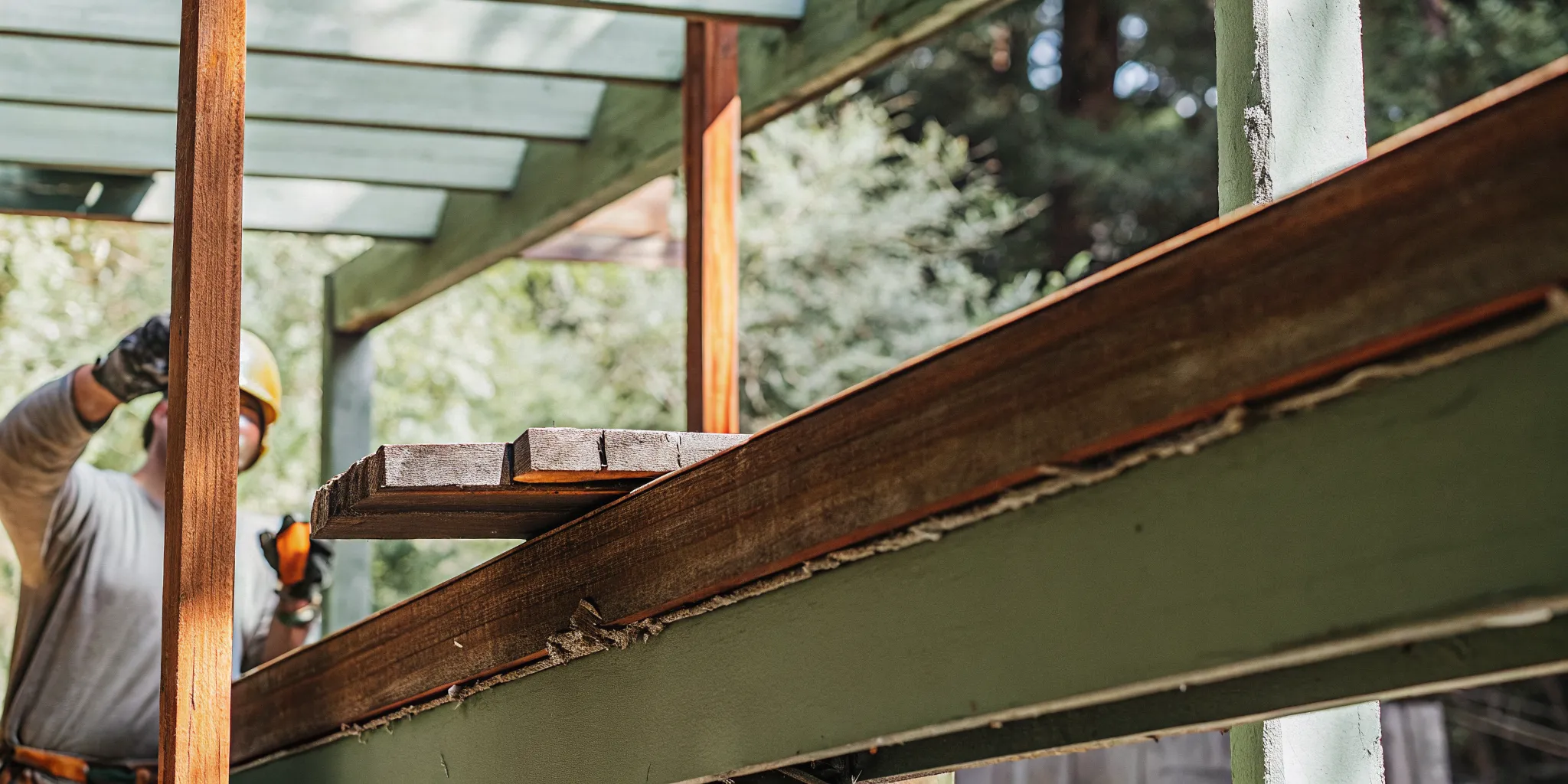 A new wood pergola being installed by a professional construction team.