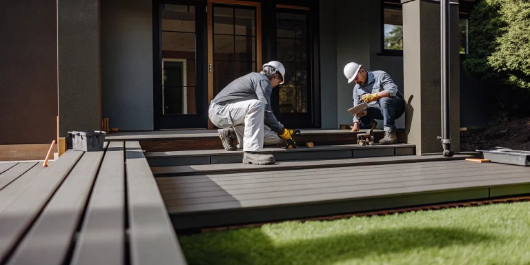 Contractors install new decking for a complete porch replacement.