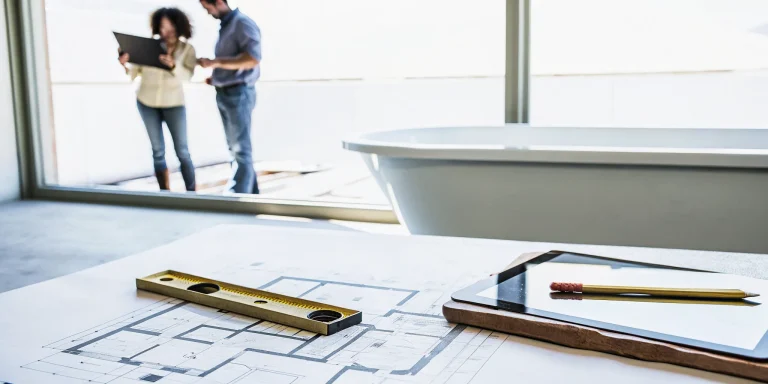Denver bathroom remodel contractors reviewing project blueprints on a work table.