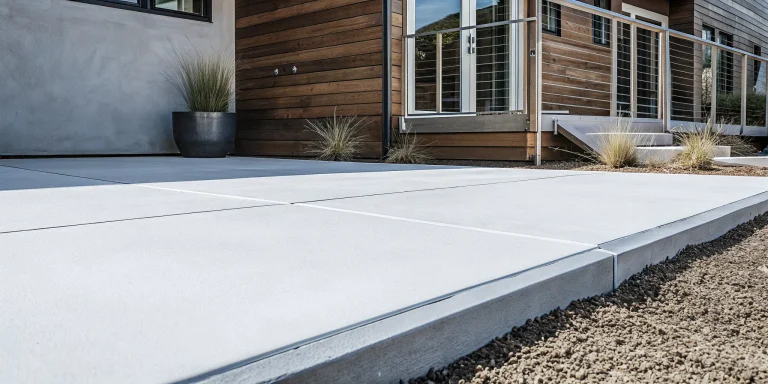 Sleek concrete patio and driveway with a smooth finish in front of a modern home.