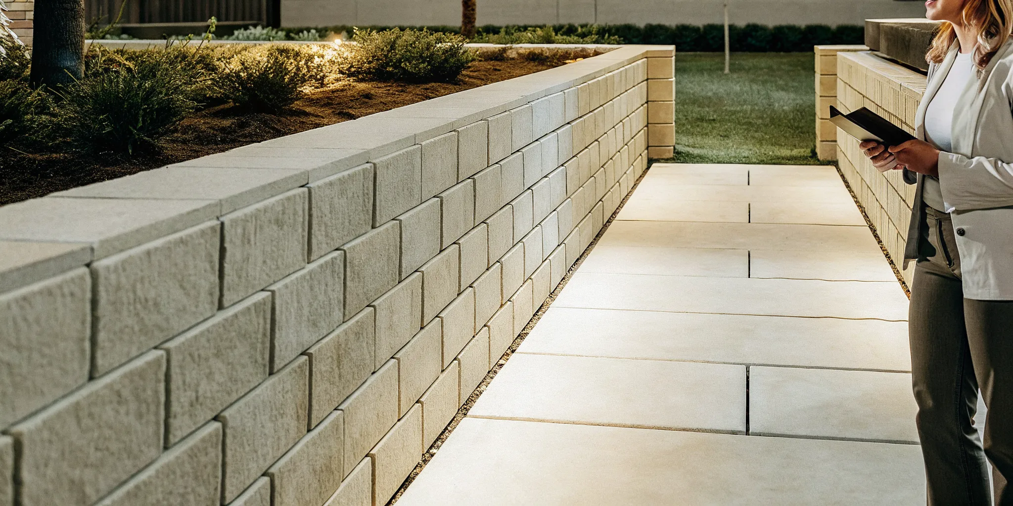A professionally installed modern retaining wall of concrete blocks next to a walkway.