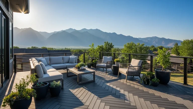 Beautiful composite deck with modern railing attached to Denver Colorado home