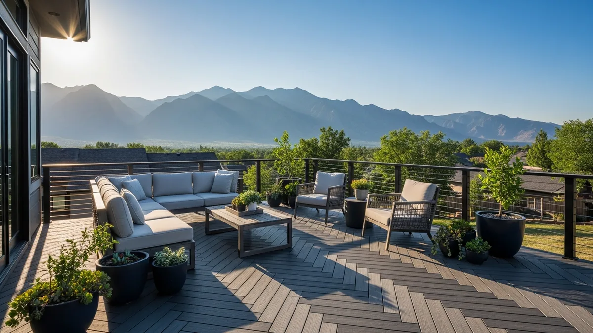 Beautiful composite deck with modern railing attached to Denver Colorado home