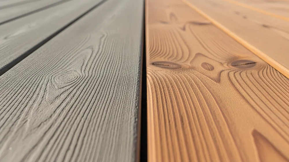 Side by side comparison of composite and natural wood decking boards
