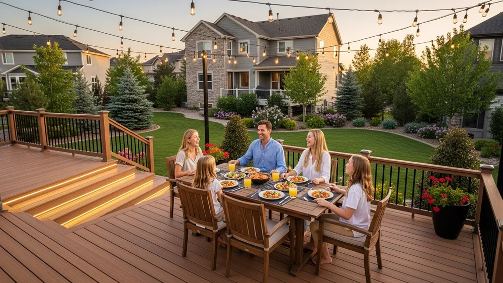 Family enjoying a beautiful composite deck in Denver with outdoor dining