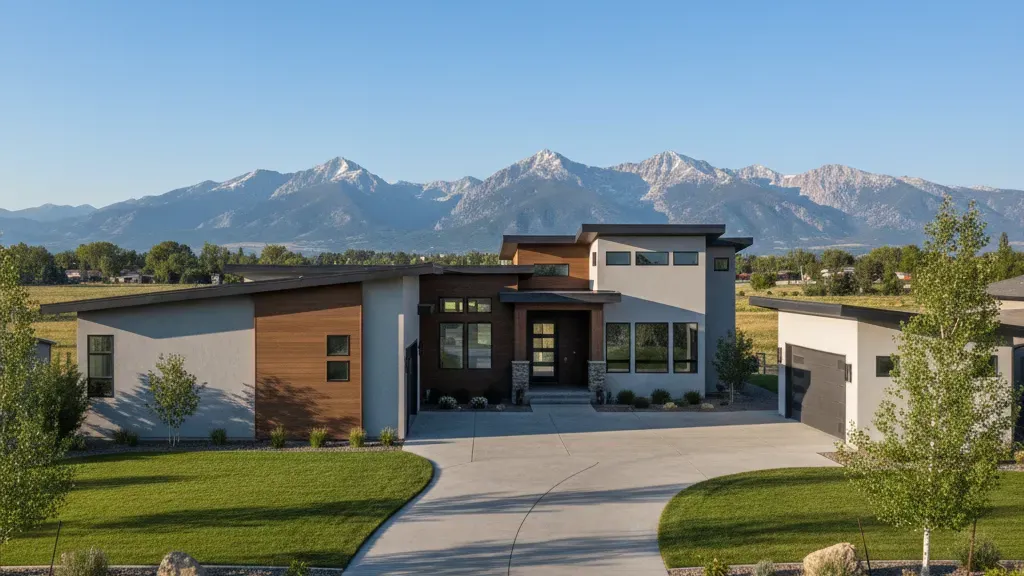 Concrete driveway leading to a Denver home with Colorado mountain views