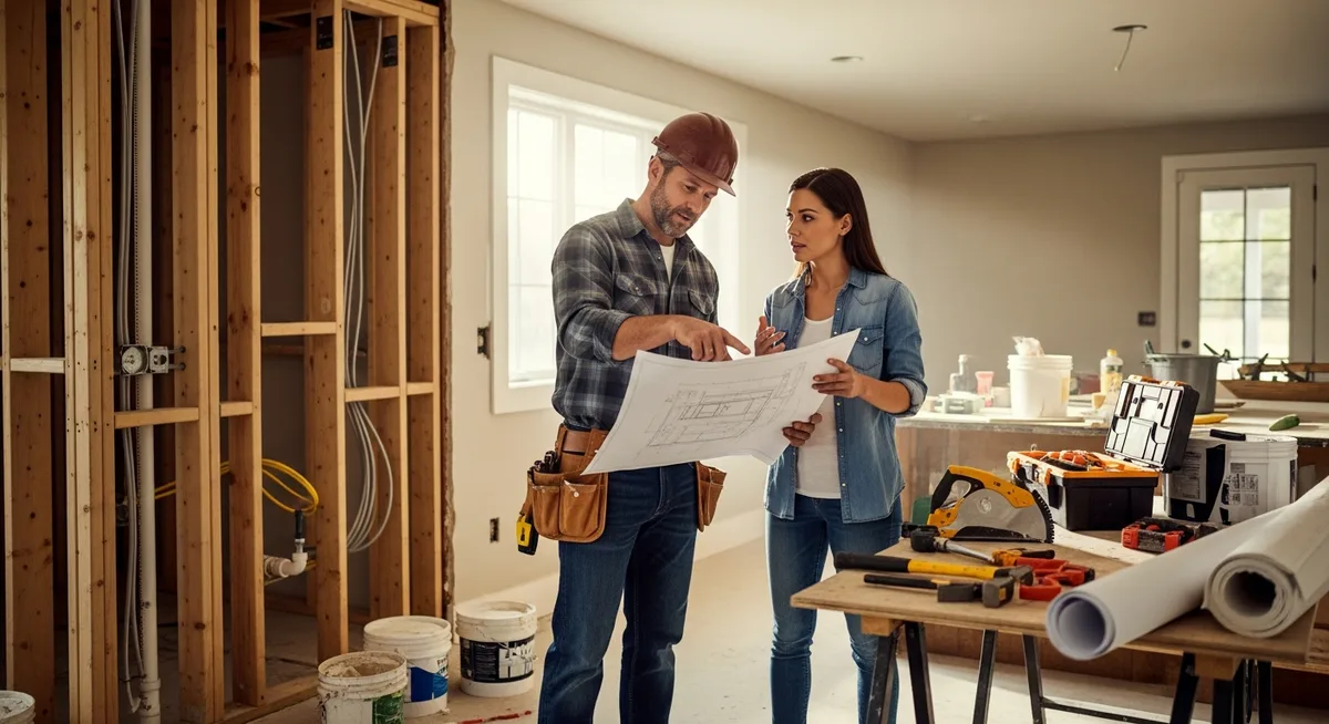 General contractor reviewing renovation plans with homeowner in Denver kitchen remodel project