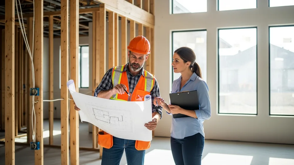 General contractor reviewing renovation blueprints with homeowner