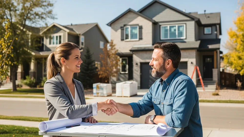 Homeowner meeting with home addition contractor in Denver to review project plans