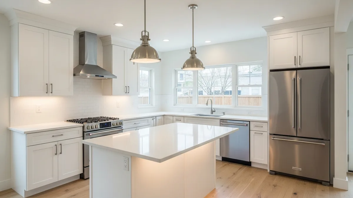 Denver kitchen remodel with white quartz countertops and modern pendant lighting
