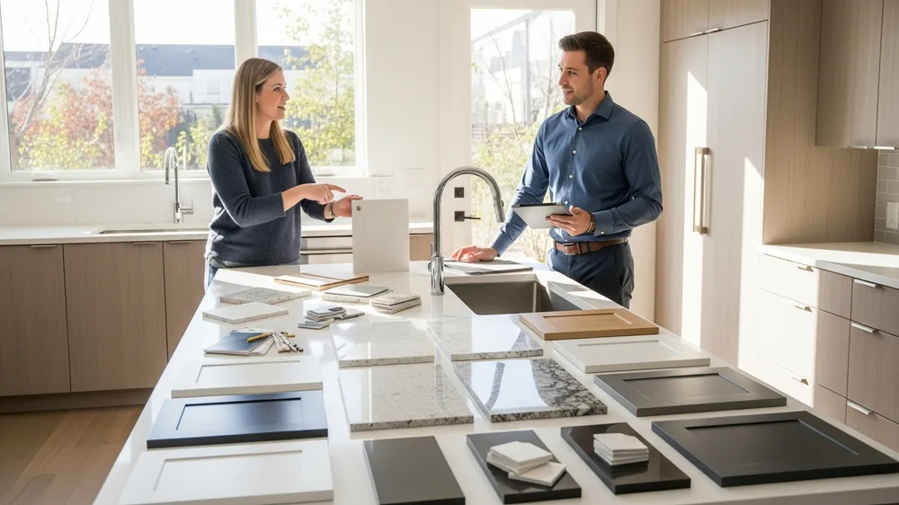 Denver homeowner reviewing kitchen remodel material samples with contractor