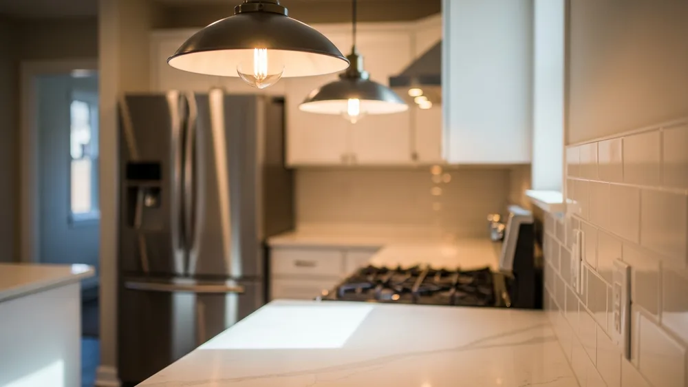 Modern kitchen with quartz countertops and pendant lighting after remodel in Denver
