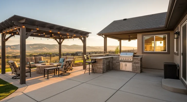 Denver backyard outdoor entertainment area with pergola, fire pit, and outdoor kitchen