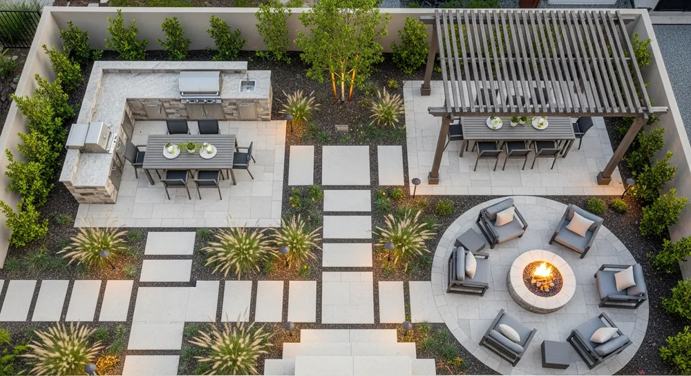 Backyard entertainment zone layout with distinct cooking, dining, and lounging areas