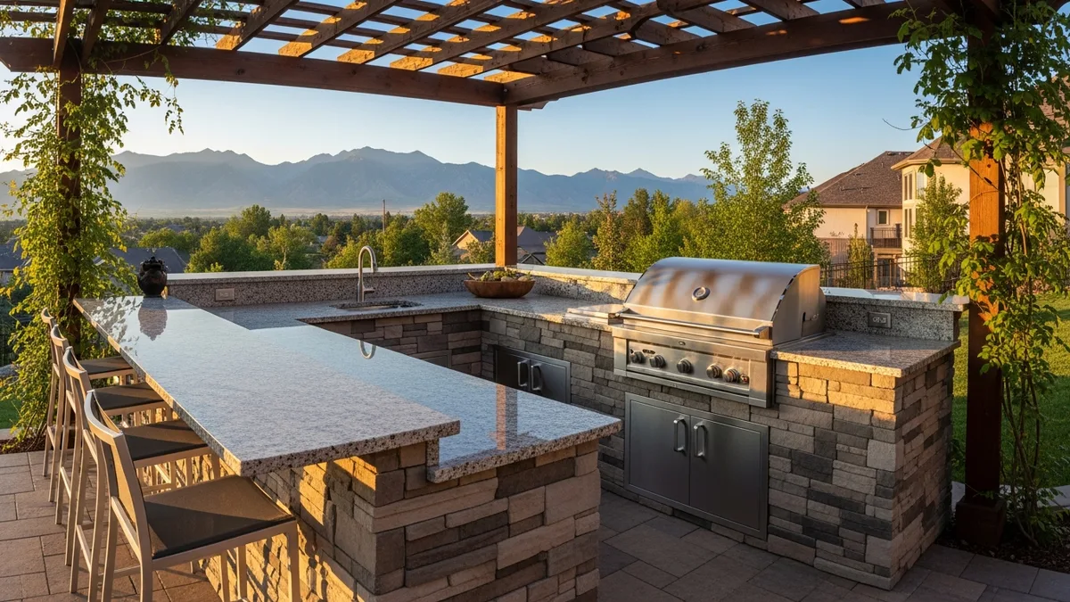 Outdoor kitchen installation in a Denver Colorado backyard with built-in grill, granite countertops, and pergola