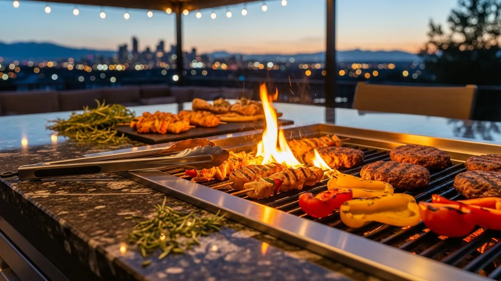 Outdoor kitchen countertop with built-in grill during evening patio gathering in Denver